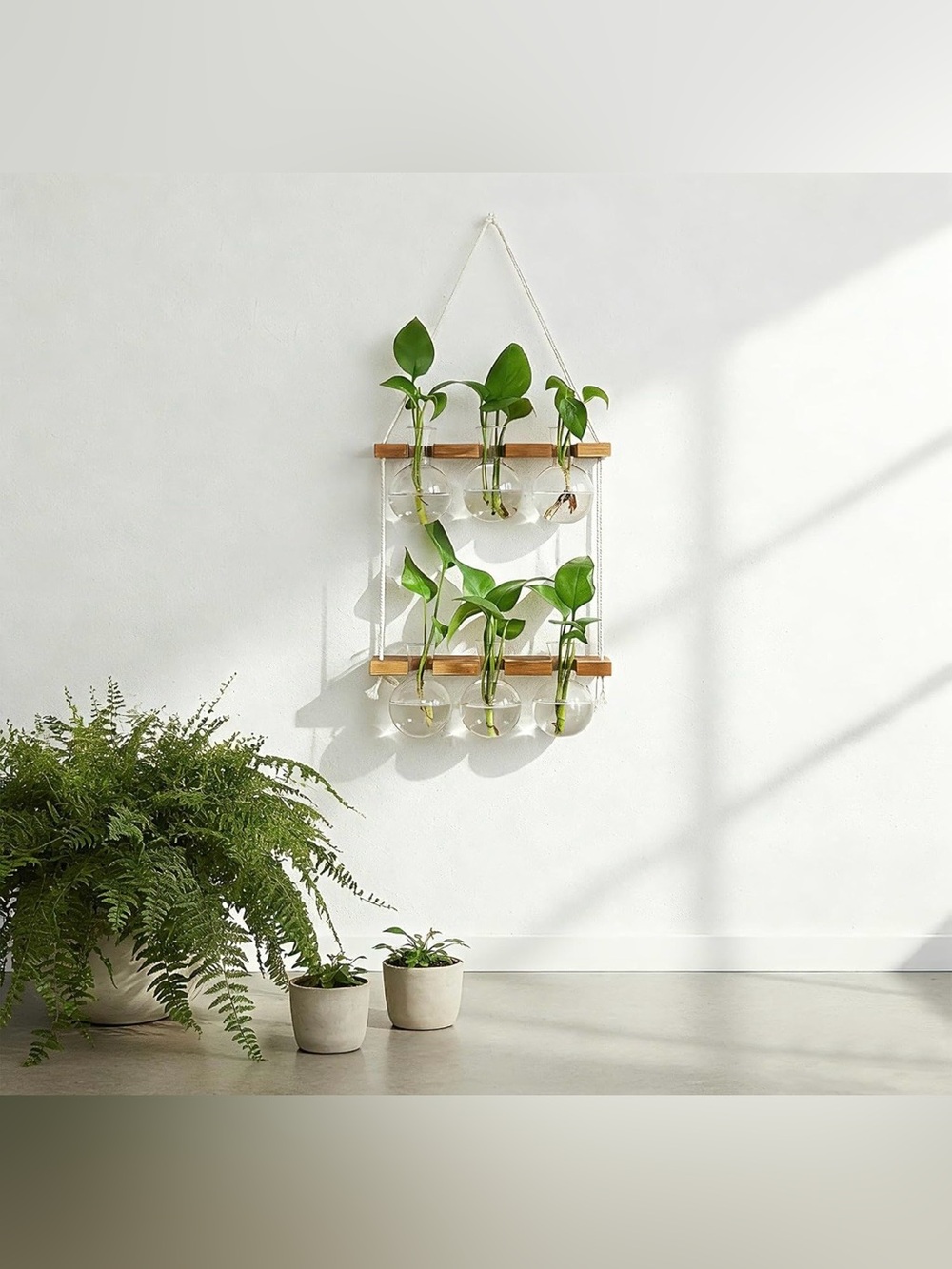 Hanging Glass Wall Planter with Wooden Accents